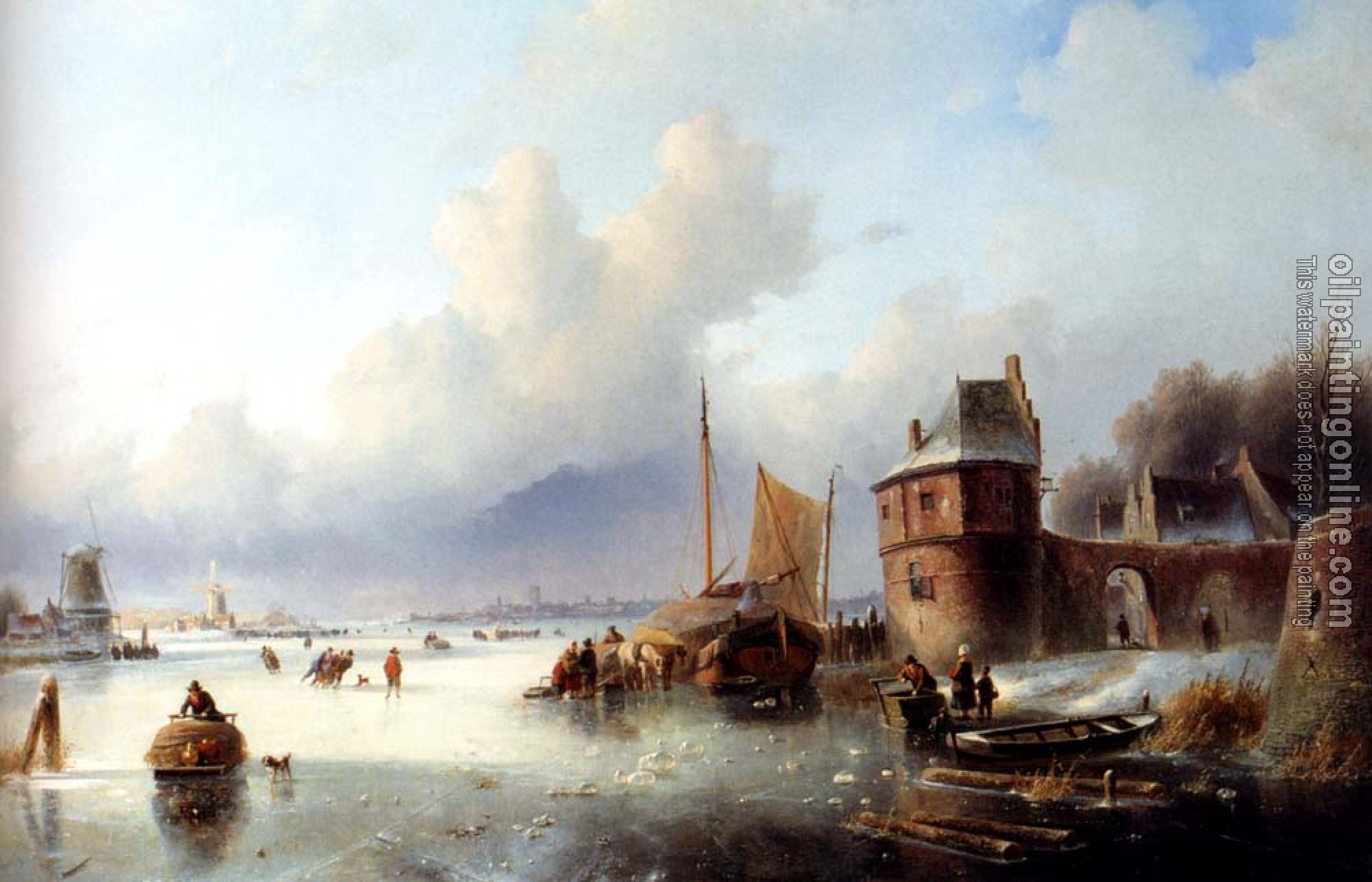 Jan Jacob Coenraad Spohler - A Winter Landscape With Numerous Skaters On A Frozen Waterway